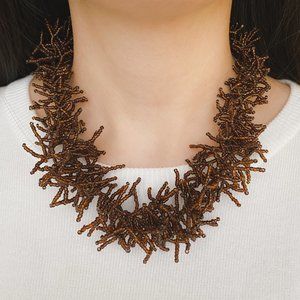 Handmade Brown Glass Seed Bead Coral Garland Fringe Statement Collar Necklace
